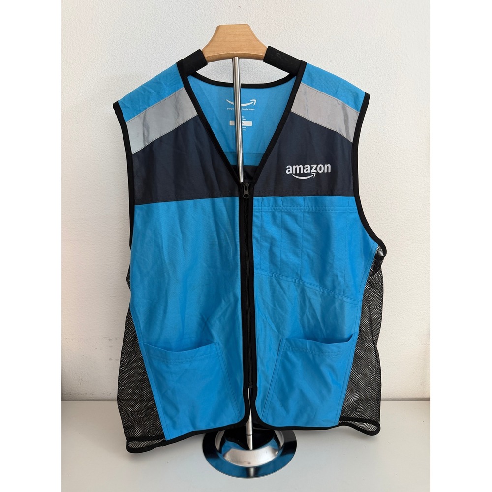 Amazon Delivery Driver Safety Vest Blue Reflective Full Zip Mesh Pockets M/L